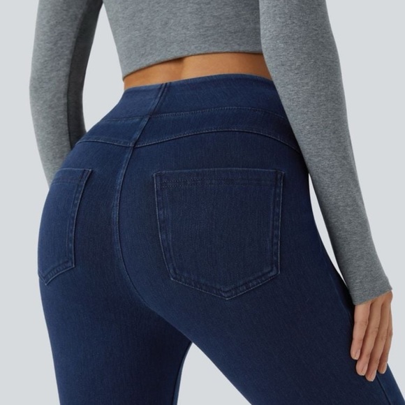 NWOT Halara Flex High Waisted Pocket Denim Casual Leggings capri dark blue large - Picture 3 of 5